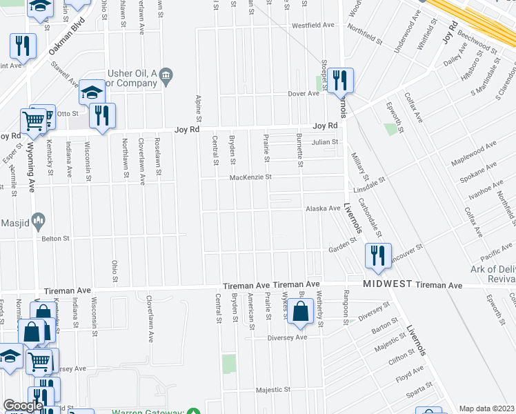 map of restaurants, bars, coffee shops, grocery stores, and more near 7430 Alaska St in Detroit