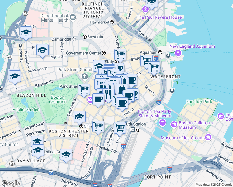 map of restaurants, bars, coffee shops, grocery stores, and more near 20 Winthrop Square in Boston