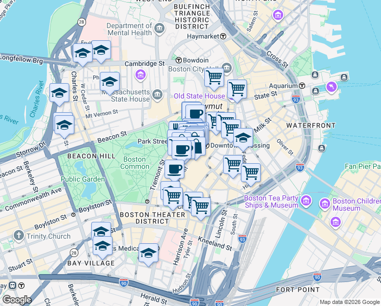 map of restaurants, bars, coffee shops, grocery stores, and more near 450 Washington Street in Boston