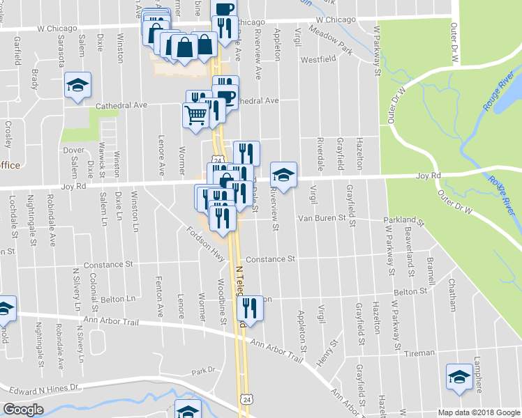 map of restaurants, bars, coffee shops, grocery stores, and more near 8632 Dale Street in Dearborn Heights