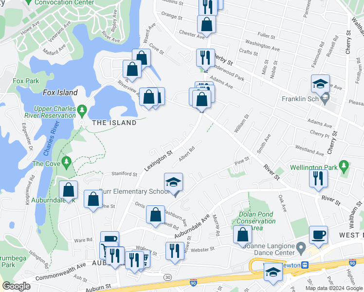 map of restaurants, bars, coffee shops, grocery stores, and more near 12 Roberta Road in Newton
