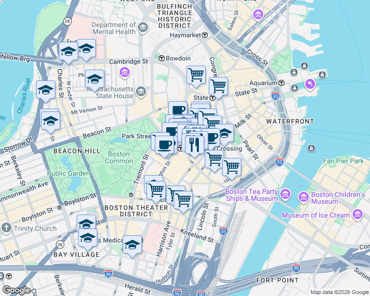 map of restaurants, bars, coffee shops, grocery stores, and more near in Boston