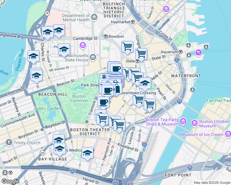 map of restaurants, bars, coffee shops, grocery stores, and more near 450 Washington Street in Boston