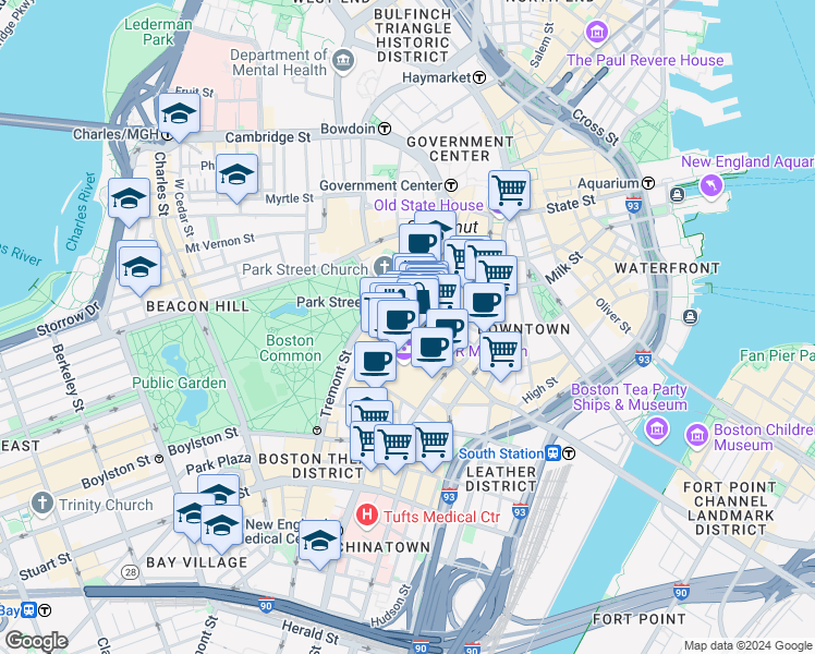 map of restaurants, bars, coffee shops, grocery stores, and more near 450 Washington Street in Boston