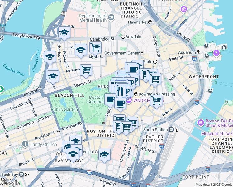 map of restaurants, bars, coffee shops, grocery stores, and more near in Boston