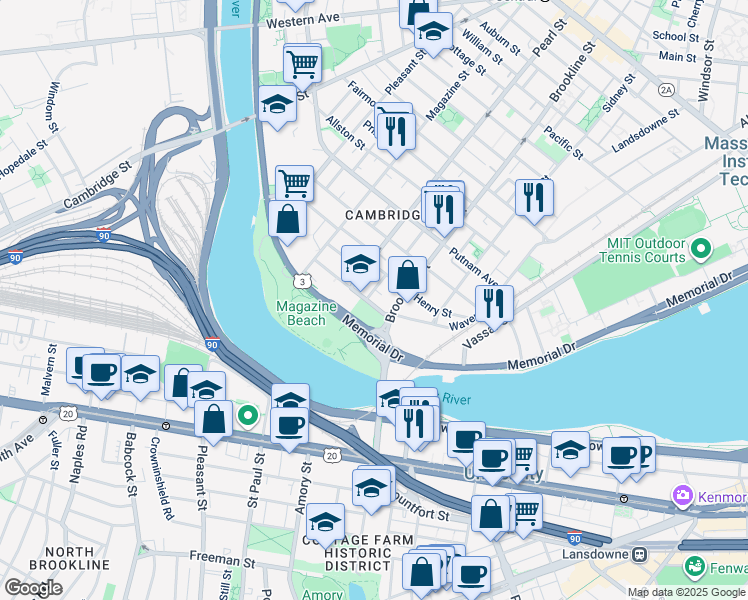 map of restaurants, bars, coffee shops, grocery stores, and more near 5 Granite Street in Cambridge