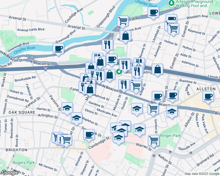 map of restaurants, bars, coffee shops, grocery stores, and more near 160 North Beacon Street in Boston
