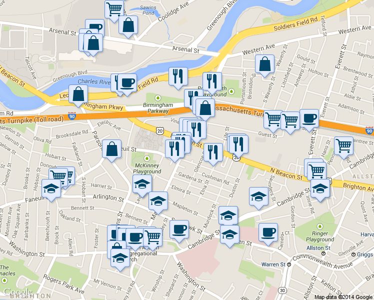 map of restaurants, bars, coffee shops, grocery stores, and more near in Boston