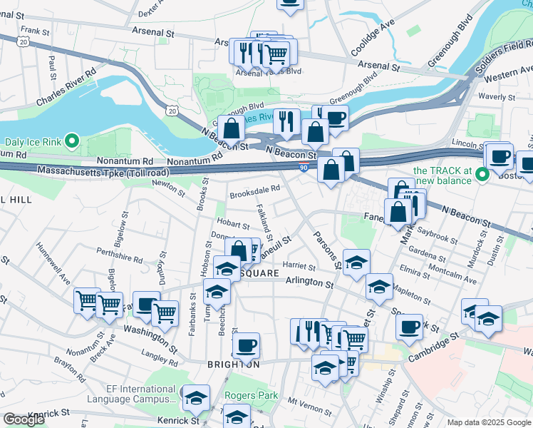map of restaurants, bars, coffee shops, grocery stores, and more near 37-39 Falkland Street in Boston