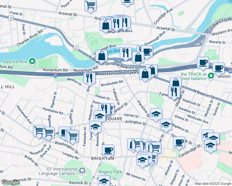 map of restaurants, bars, coffee shops, grocery stores, and more near 37-39 Falkland Street in Boston