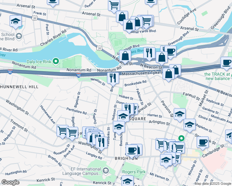 map of restaurants, bars, coffee shops, grocery stores, and more near 89 Hobart Street in Boston