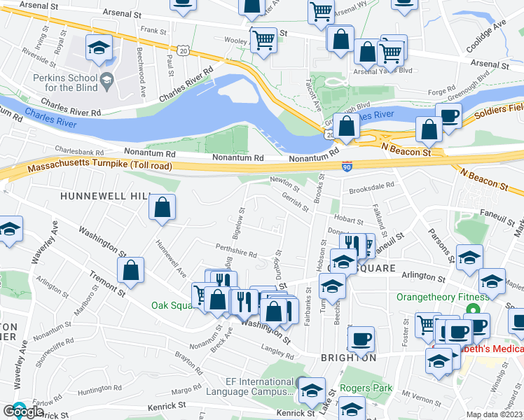 map of restaurants, bars, coffee shops, grocery stores, and more near 10 Bigelow Circle in Boston