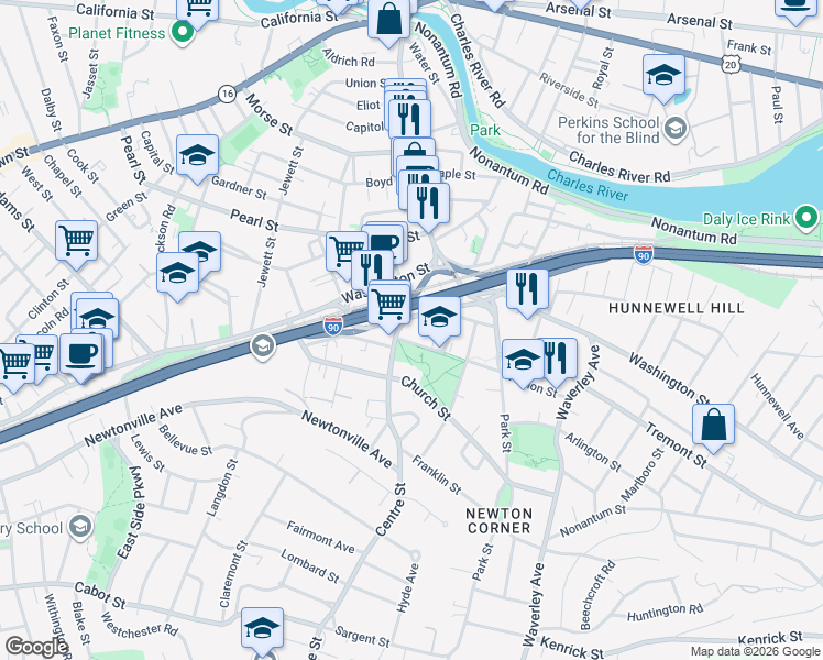 map of restaurants, bars, coffee shops, grocery stores, and more near 430 Centre Street in Newton