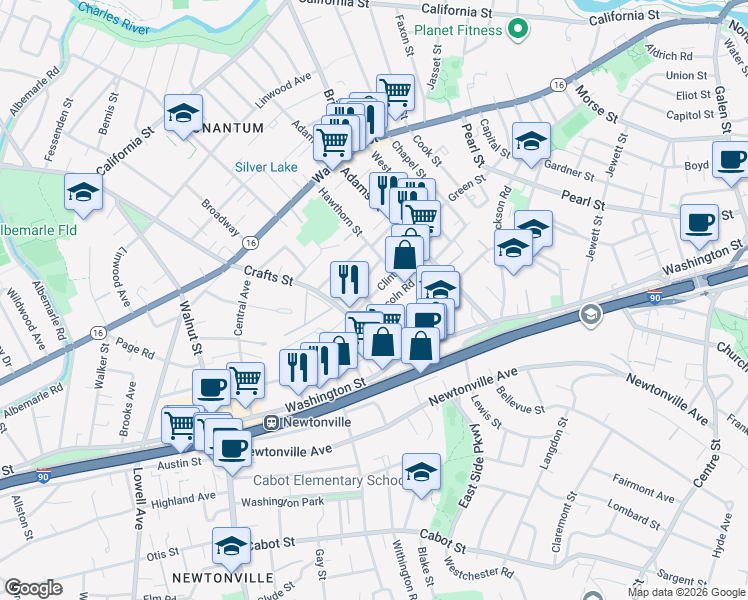 map of restaurants, bars, coffee shops, grocery stores, and more near 61-63 Lincoln Road in Newton