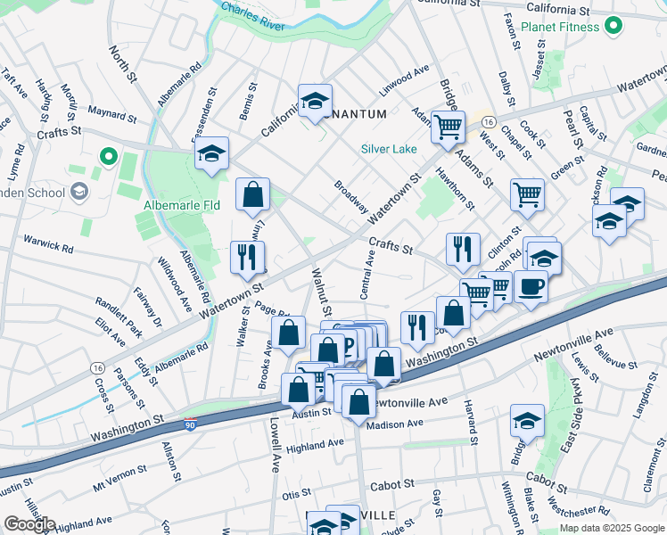 map of restaurants, bars, coffee shops, grocery stores, and more near 38 Lowell Avenue in Newton