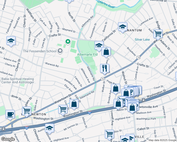 map of restaurants, bars, coffee shops, grocery stores, and more near 28 Wildwood Avenue in Newton