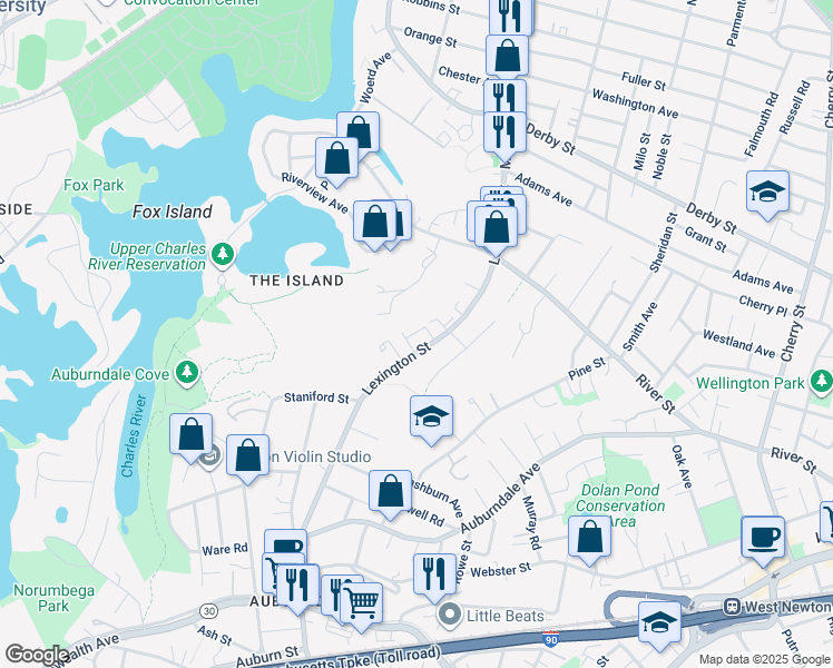 map of restaurants, bars, coffee shops, grocery stores, and more near in Newton