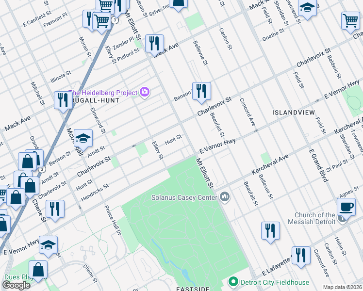 map of restaurants, bars, coffee shops, grocery stores, and more near 3683 Hendricks Street in Detroit