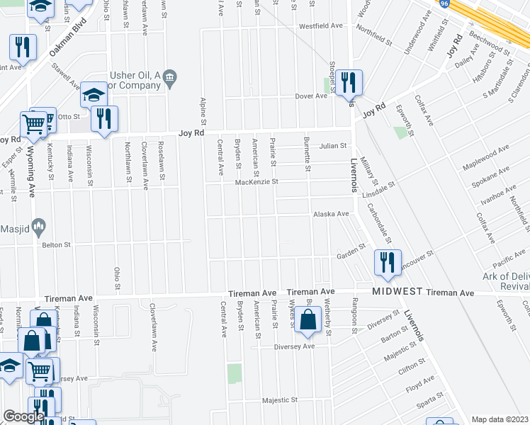 map of restaurants, bars, coffee shops, grocery stores, and more near 7417 Alaska Avenue in Detroit