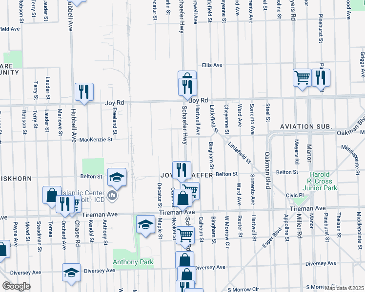 map of restaurants, bars, coffee shops, grocery stores, and more near 8332 Carlin Street in Detroit