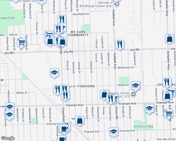 map of restaurants, bars, coffee shops, grocery stores, and more near 8335 Robson Street in Detroit