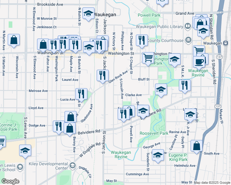 map of restaurants, bars, coffee shops, grocery stores, and more near 914 Clarke Avenue in Waukegan