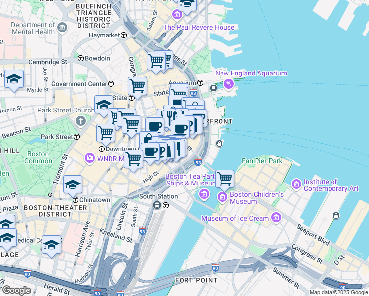 map of restaurants, bars, coffee shops, grocery stores, and more near in Boston