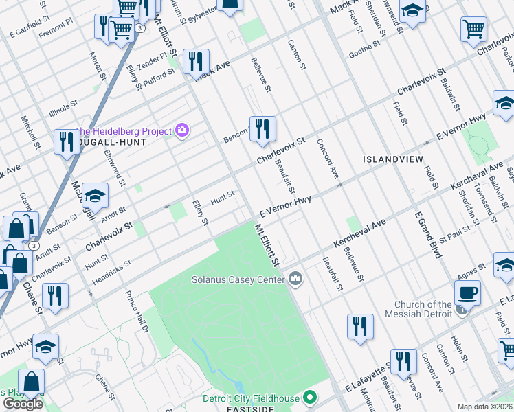 map of restaurants, bars, coffee shops, grocery stores, and more near 2476 Mount Elliott Street in Detroit