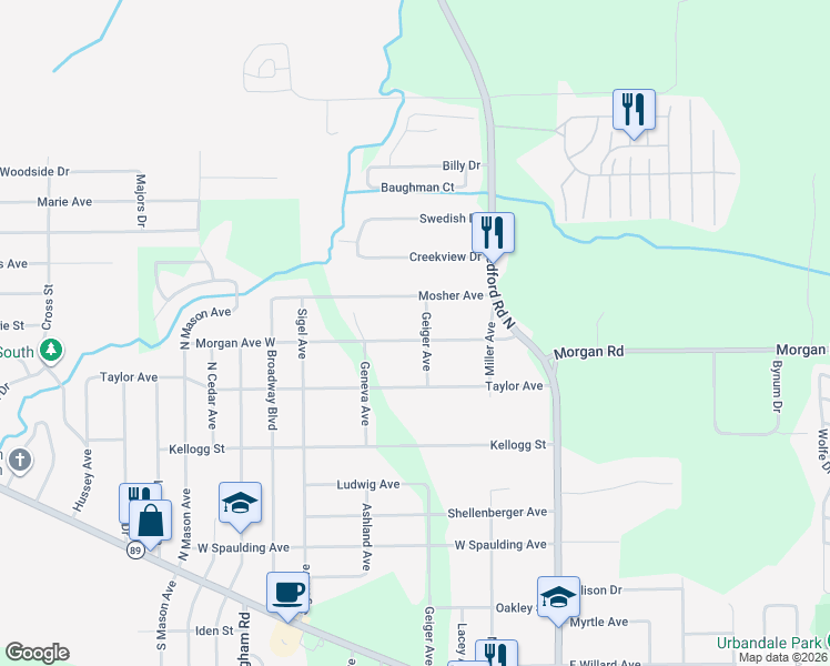 map of restaurants, bars, coffee shops, grocery stores, and more near 120 Morgan Avenue West in Battle Creek