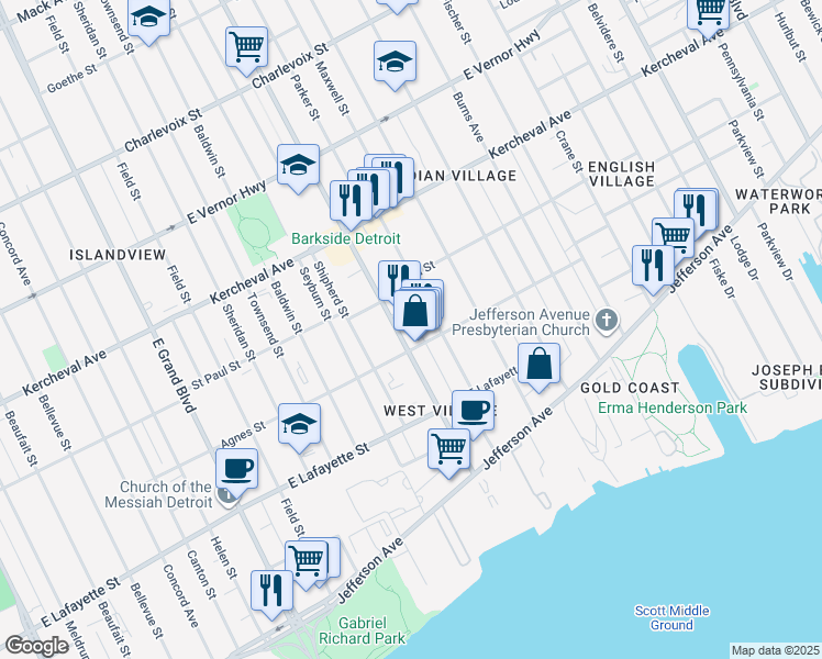map of restaurants, bars, coffee shops, grocery stores, and more near 1434 Van Dyke Street in Detroit