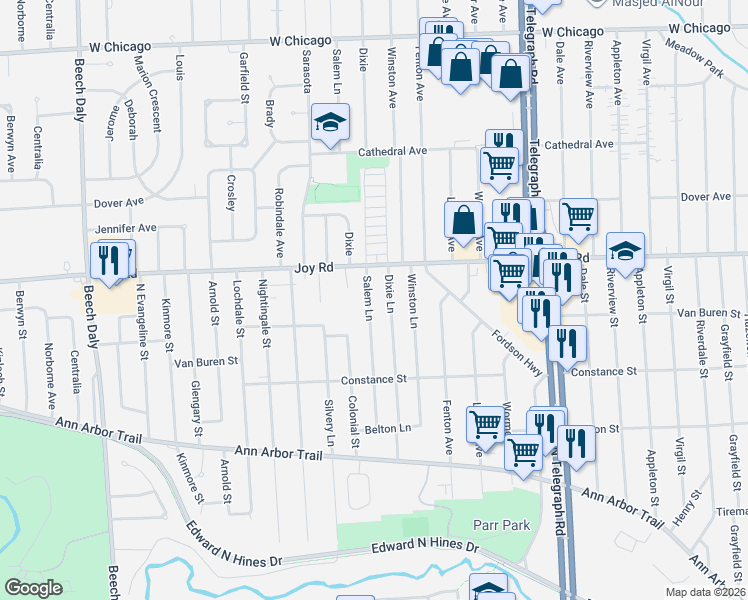 map of restaurants, bars, coffee shops, grocery stores, and more near 8577 Dixie Lane in Dearborn Heights