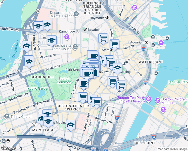 map of restaurants, bars, coffee shops, grocery stores, and more near 450 Washington Street in Boston