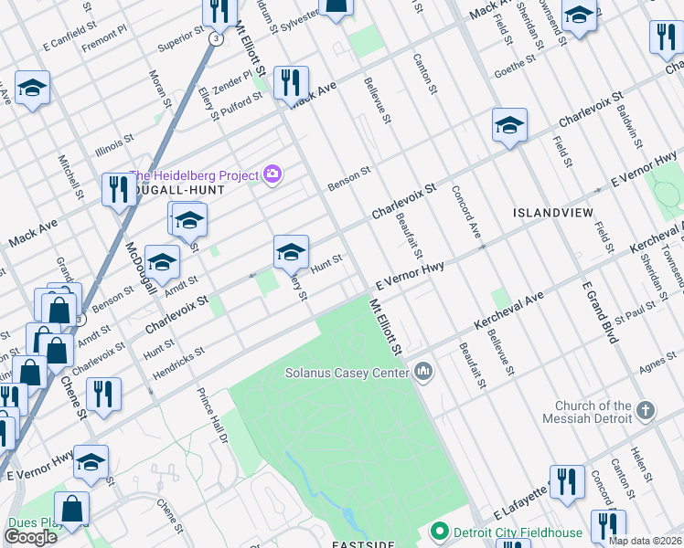 map of restaurants, bars, coffee shops, grocery stores, and more near 3683 Hendricks Street in Detroit