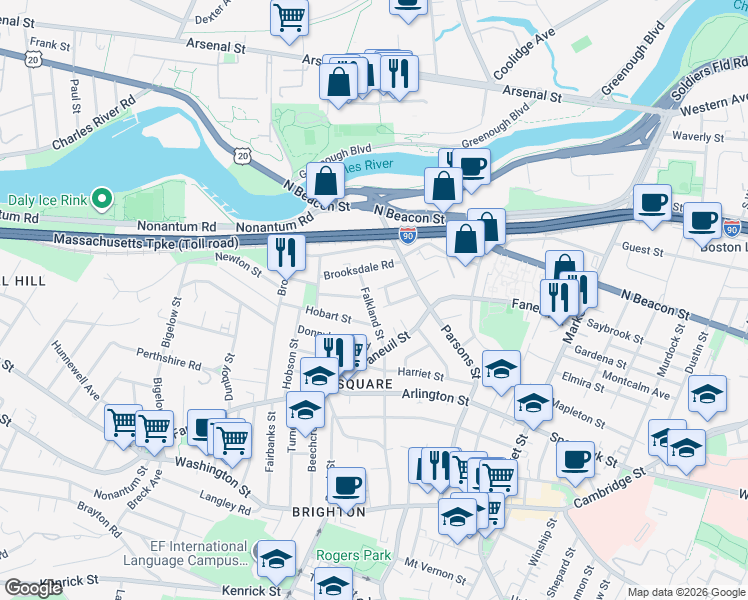 map of restaurants, bars, coffee shops, grocery stores, and more near 37-39 Falkland Street in Boston