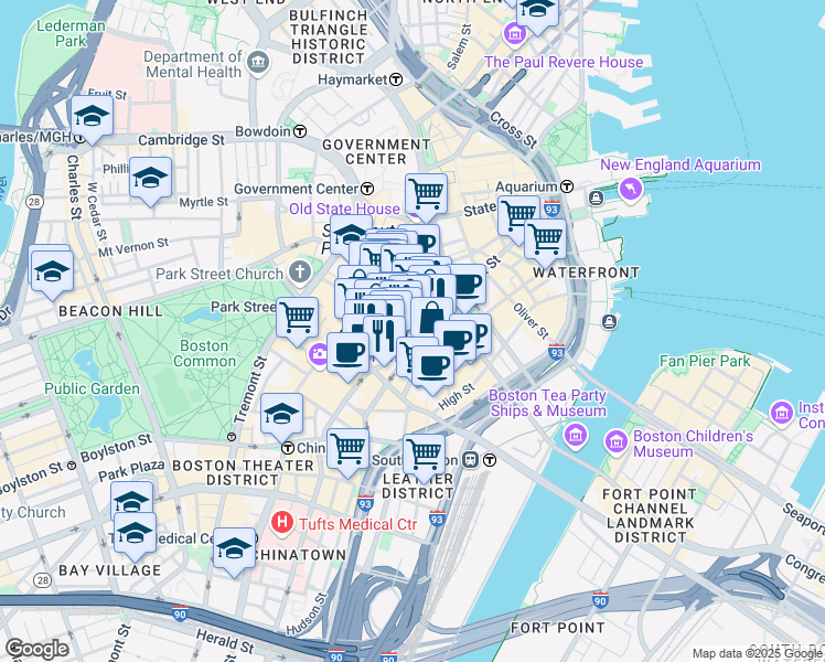 map of restaurants, bars, coffee shops, grocery stores, and more near 100 Franklin Street in Boston