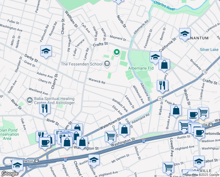 map of restaurants, bars, coffee shops, grocery stores, and more near 111 Fairway Drive in Newton