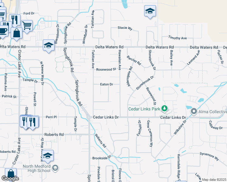 map of restaurants, bars, coffee shops, grocery stores, and more near 2661 Upper Drive in Medford