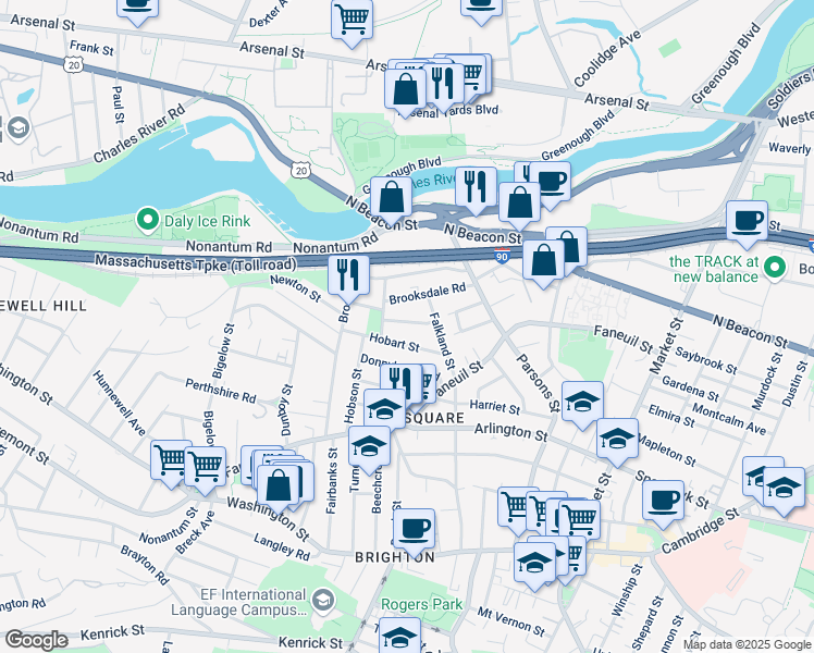 map of restaurants, bars, coffee shops, grocery stores, and more near 20 Corinne Road in Boston