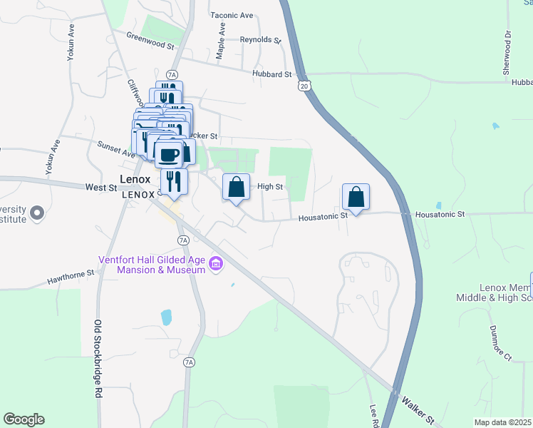 map of restaurants, bars, coffee shops, grocery stores, and more near 133-135 Housatonic Street in Lenox