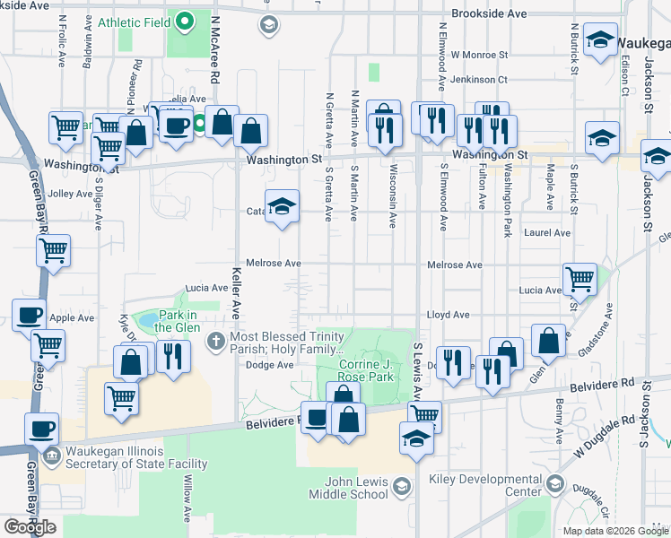 map of restaurants, bars, coffee shops, grocery stores, and more near 2115 Melrose Avenue in Waukegan