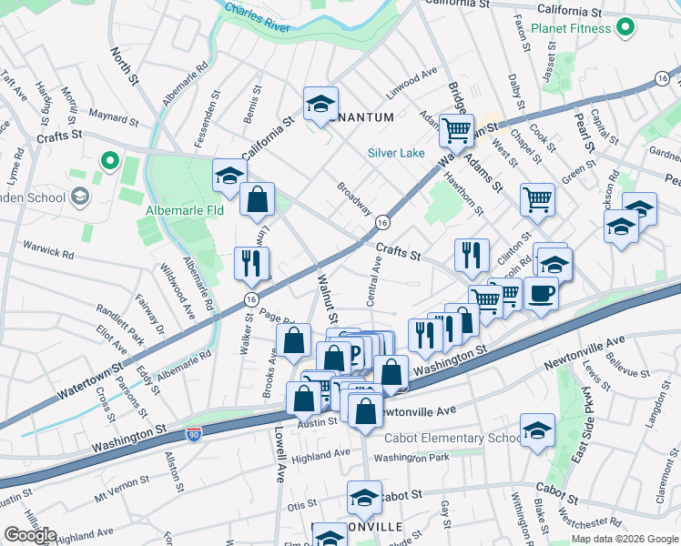 map of restaurants, bars, coffee shops, grocery stores, and more near 38 Lowell Avenue in Newton