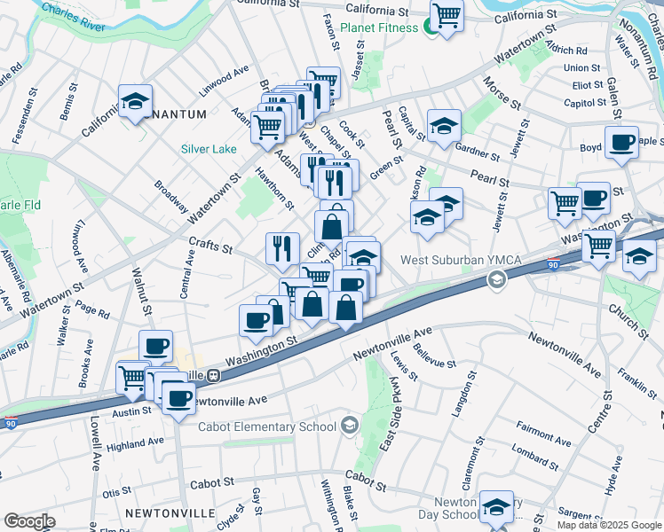map of restaurants, bars, coffee shops, grocery stores, and more near 40 Lincoln Road in Newton