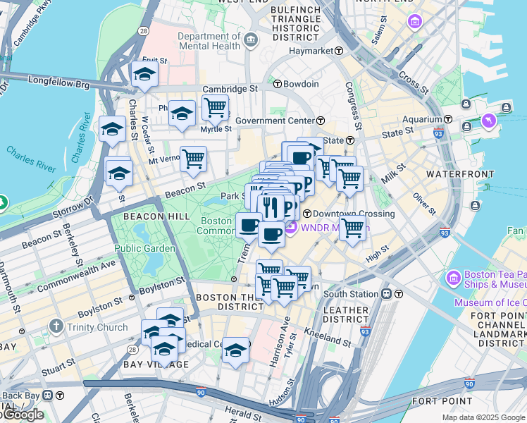 map of restaurants, bars, coffee shops, grocery stores, and more near Tremont St & Temple Pl in Boston