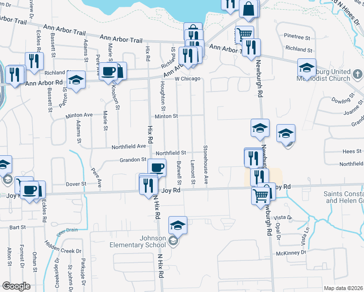 map of restaurants, bars, coffee shops, grocery stores, and more near 9026 Butwell Street in Livonia
