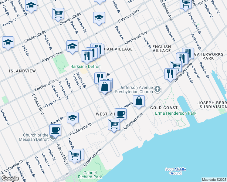 map of restaurants, bars, coffee shops, grocery stores, and more near 8103 Agnes Street in Detroit