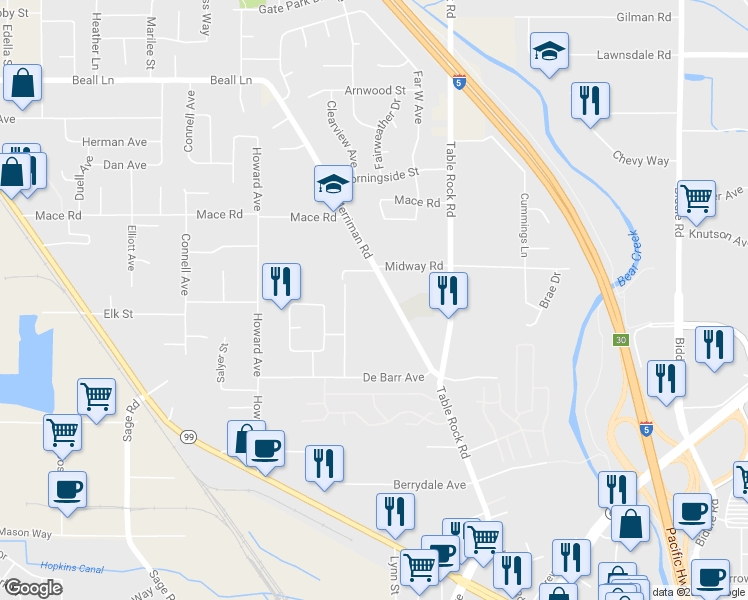 map of restaurants, bars, coffee shops, grocery stores, and more near 2627 Merriman Road in Medford