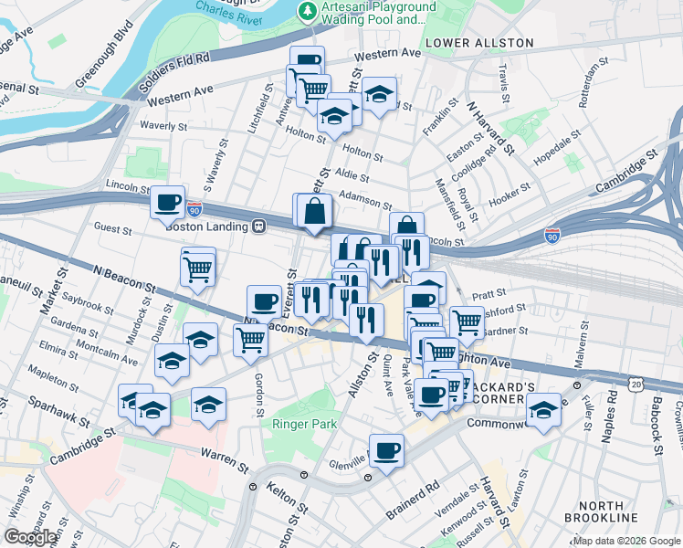 map of restaurants, bars, coffee shops, grocery stores, and more near 32 Rugg Road in Boston