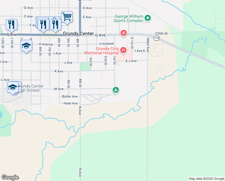 map of restaurants, bars, coffee shops, grocery stores, and more near in Grundy Center