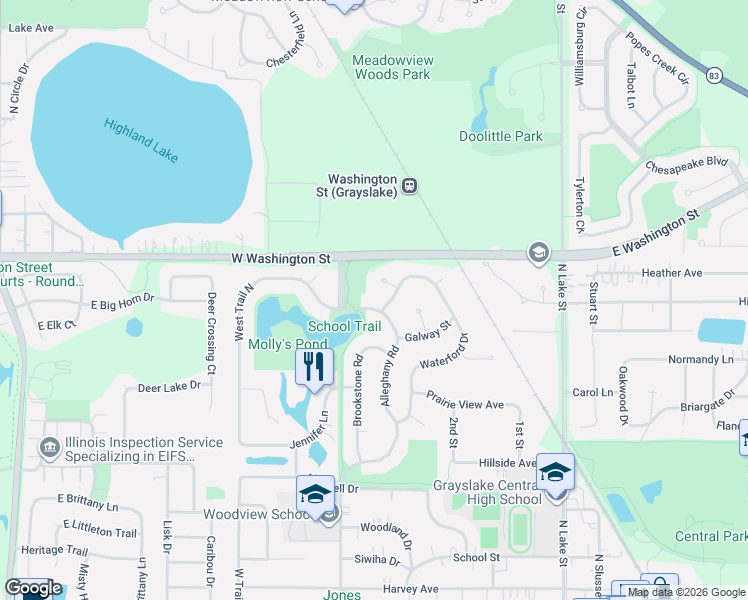 map of restaurants, bars, coffee shops, grocery stores, and more near 879 Alleghany Road in Grayslake