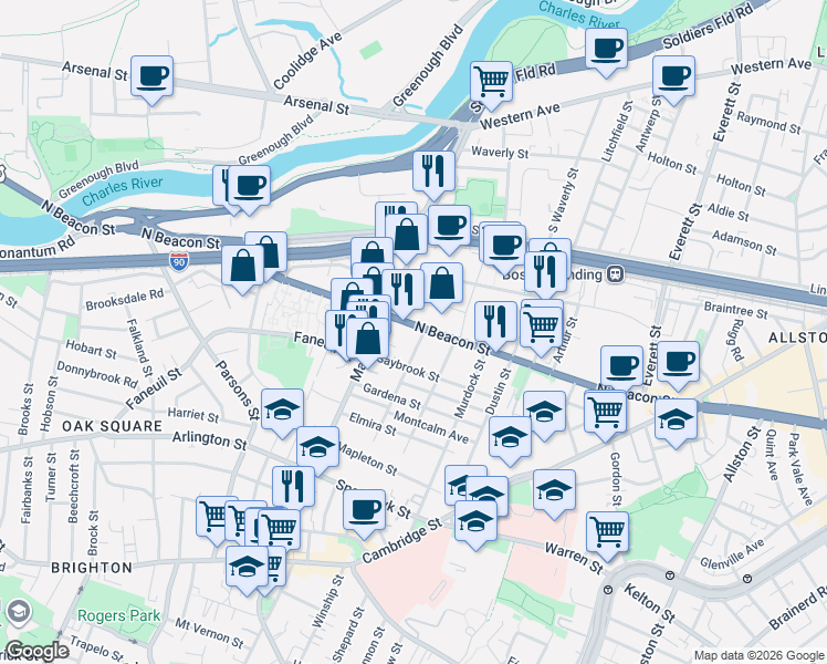 map of restaurants, bars, coffee shops, grocery stores, and more near 184 North Beacon Street in Boston